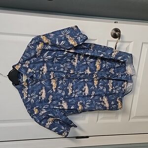 Crossings Hawaiian Shirt Aloha Blue Palms Beach Cotton Men's Large